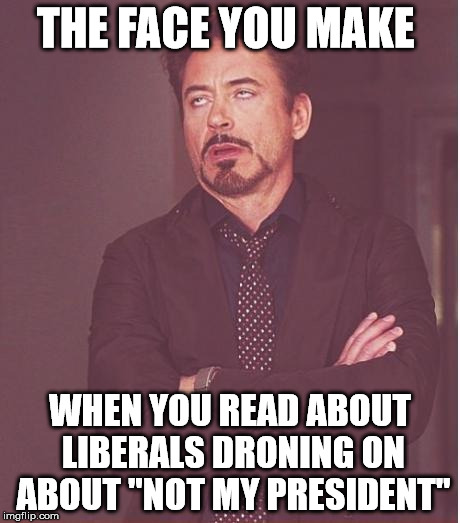 Face You Make Robert Downey Jr Meme | THE FACE YOU MAKE; WHEN YOU READ ABOUT LIBERALS DRONING ON ABOUT "NOT MY PRESIDENT" | image tagged in memes,face you make robert downey jr | made w/ Imgflip meme maker
