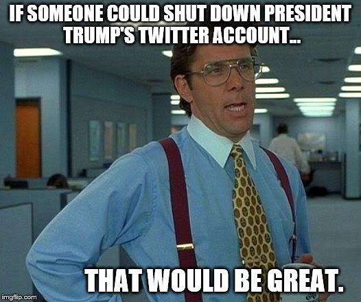 Please!  Sometimes he's his own worst enemy.  | IF SOMEONE COULD SHUT DOWN PRESIDENT TRUMP'S TWITTER ACCOUNT... THAT WOULD BE GREAT. | image tagged in memes,that would be great,donald trump,twitter | made w/ Imgflip meme maker