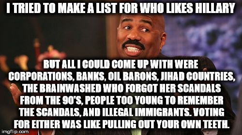 Steve Harvey Meme | I TRIED TO MAKE A LIST FOR WHO LIKES HILLARY BUT ALL I COULD COME UP WITH WERE CORPORATIONS, BANKS, OIL BARONS, JIHAD COUNTRIES, THE BRAINWA | image tagged in memes,steve harvey | made w/ Imgflip meme maker