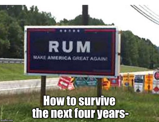 How to survive the next four years- | image tagged in rum,trump,drink | made w/ Imgflip meme maker