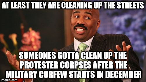 Steve Harvey Meme | AT LEAST THEY ARE CLEANING UP THE STREETS SOMEONES GOTTA CLEAN UP THE PROTESTER CORPSES AFTER THE MILITARY CURFEW STARTS IN DECEMBER | image tagged in memes,steve harvey | made w/ Imgflip meme maker