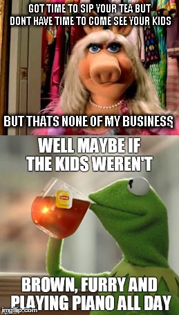 We all know where those kids came from lady | image tagged in kermit the frog,miss piggy,sipping tea | made w/ Imgflip meme maker