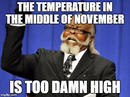 Too Damn High Meme | THE TEMPERATURE IN THE MIDDLE OF NOVEMBER; IS TOO DAMN HIGH | image tagged in memes,too damn high | made w/ Imgflip meme maker