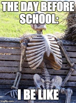 Waiting Skeleton Meme | THE DAY BEFORE SCHOOL:; I BE LIKE | image tagged in memes,waiting skeleton | made w/ Imgflip meme maker