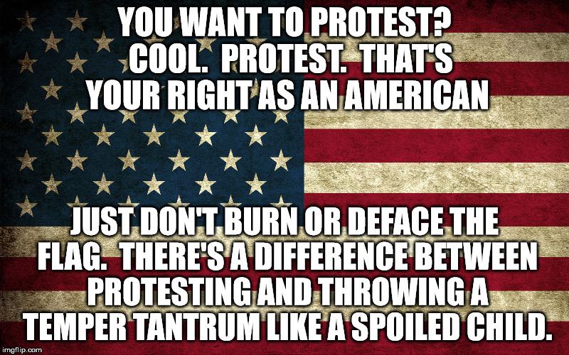 protest |  YOU WANT TO PROTEST?  COOL.  PROTEST.  THAT'S YOUR RIGHT AS AN AMERICAN; JUST DON'T BURN OR DEFACE THE FLAG.  THERE'S A DIFFERENCE BETWEEN PROTESTING AND THROWING A TEMPER TANTRUM LIKE A SPOILED CHILD. | image tagged in protest,flag,burning,flag burning,child | made w/ Imgflip meme maker