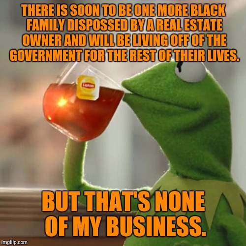 But That's None Of My Business Meme | THERE IS SOON TO BE ONE MORE BLACK FAMILY DISPOSSED BY A REAL ESTATE OWNER AND WILL BE LIVING OFF OF THE GOVERNMENT FOR THE REST OF THEIR LI | image tagged in memes,but thats none of my business,kermit the frog | made w/ Imgflip meme maker