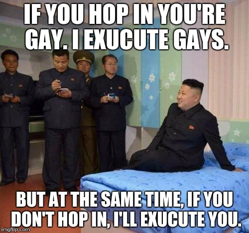 Discernible Reasons | IF YOU HOP IN YOU'RE GAY. I EXUCUTE GAYS. BUT AT THE SAME TIME, IF YOU DON'T HOP IN, I'LL EXUCUTE YOU. | image tagged in kim jong un bedtime | made w/ Imgflip meme maker