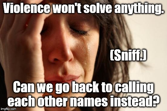 First World Problems Meme | Violence won't solve anything. Can we go back to calling each other names instead? (Sniff.) | image tagged in memes,first world problems | made w/ Imgflip meme maker
