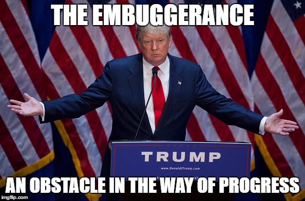 Donald Trump | THE EMBUGGERANCE; AN OBSTACLE IN THE WAY OF PROGRESS | image tagged in donald trump | made w/ Imgflip meme maker