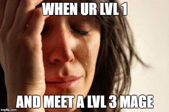First World Problems | WHEN UR LVL 1; AND MEET A LVL 3 MAGE | image tagged in memes,first world problems,mmo,cyanide,zero fucks | made w/ Imgflip meme maker
