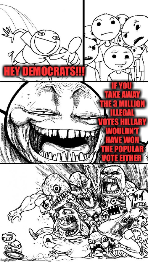 hey internet | IF YOU TAKE AWAY THE 3 MILLION ILLEGAL VOTES HILLARY WOULDN'T HAVE WON THE POPULAR VOTE EITHER; HEY DEMOCRATS!!! | image tagged in hey internet | made w/ Imgflip meme maker