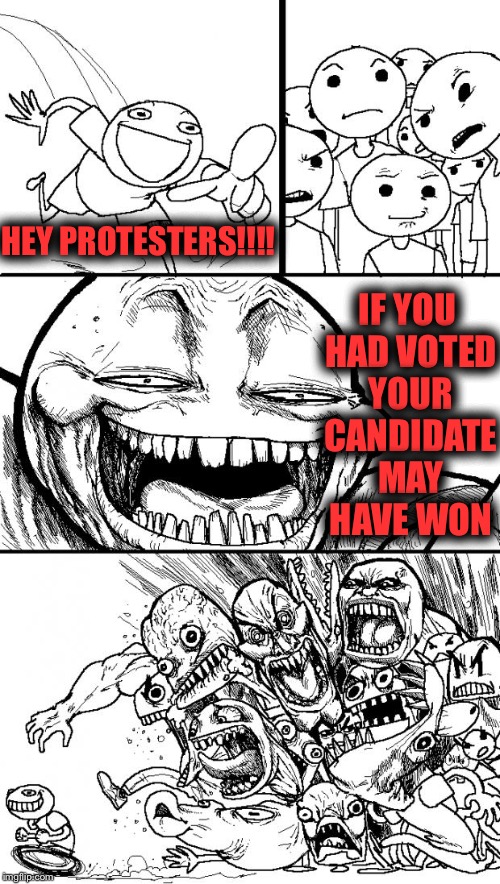 hey internet | IF YOU HAD VOTED YOUR CANDIDATE MAY HAVE WON; HEY PROTESTERS!!!! | image tagged in hey internet | made w/ Imgflip meme maker