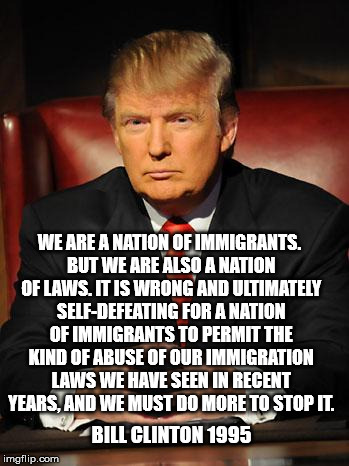 Serious Trump | WE ARE A NATION OF IMMIGRANTS. BUT WE ARE ALSO A NATION OF LAWS. IT IS WRONG AND ULTIMATELY SELF-DEFEATING FOR A NATION OF IMMIGRANTS TO PERMIT THE KIND OF ABUSE OF OUR IMMIGRATION LAWS WE HAVE SEEN IN RECENT YEARS, AND WE MUST DO MORE TO STOP IT. BILL CLINTON 1995 | image tagged in serious trump | made w/ Imgflip meme maker