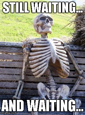 Waiting Skeleton | STILL WAITING... AND WAITING... | image tagged in memes,waiting skeleton | made w/ Imgflip meme maker