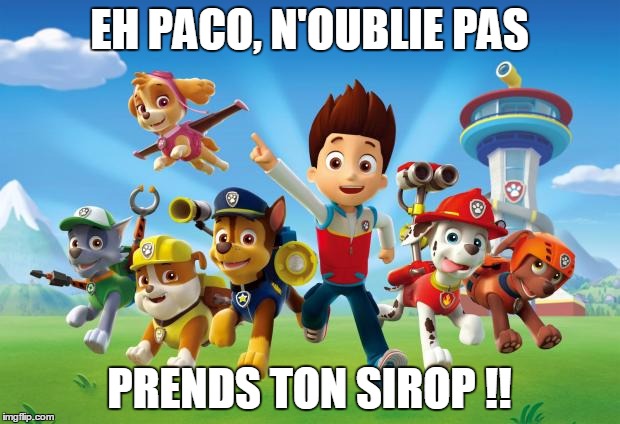 Paw Patrol  | EH PACO, N'OUBLIE PAS; PRENDS TON SIROP !! | image tagged in paw patrol | made w/ Imgflip meme maker