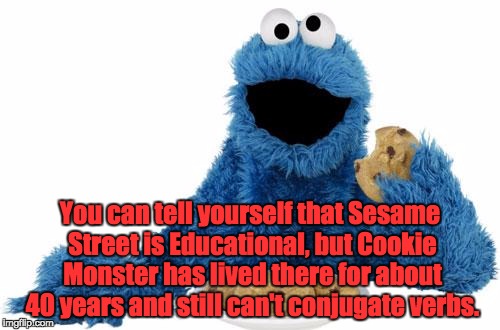 cookie monster | You can tell yourself that Sesame Street is Educational, but Cookie Monster has lived there for about 40 years and still can't conjugate verbs. | image tagged in cookie monster | made w/ Imgflip meme maker