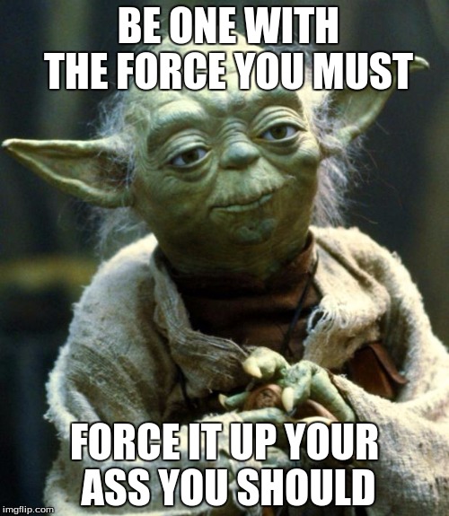 Star Wars Yoda | BE ONE WITH THE FORCE YOU MUST; FORCE IT UP YOUR ASS YOU SHOULD | image tagged in memes,star wars yoda | made w/ Imgflip meme maker