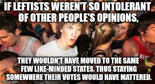 Do I understand the electoral college correctly? | IF LEFTISTS WEREN'T SO INTOLERANT OF OTHER PEOPLE'S OPINIONS, THEY WOULDN'T HAVE MOVED TO THE SAME FEW LIKE-MINDED STATES, THUS STAYING SOMEWHERE THEIR VOTES WOULD HAVE MATTERED. | image tagged in memes,sudden clarity clarence | made w/ Imgflip meme maker