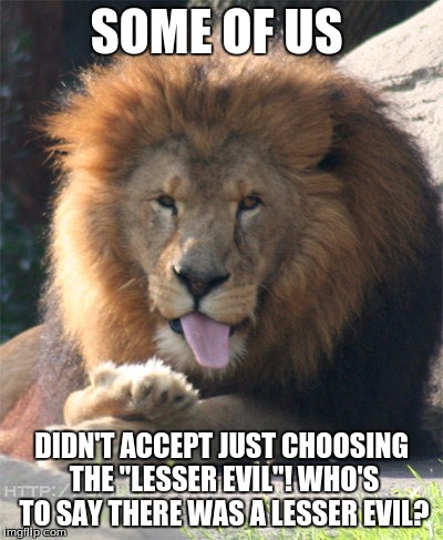 Cecil | SOME OF US DIDN'T ACCEPT JUST CHOOSING THE "LESSER EVIL"! WHO'S TO SAY THERE WAS A LESSER EVIL? | image tagged in cecil | made w/ Imgflip meme maker