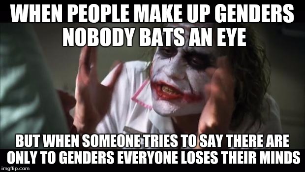 And everybody loses their minds Meme | WHEN PEOPLE MAKE UP GENDERS NOBODY BATS AN EYE; BUT WHEN SOMEONE TRIES TO SAY THERE ARE ONLY TO GENDERS EVERYONE LOSES THEIR MINDS | image tagged in memes,and everybody loses their minds | made w/ Imgflip meme maker