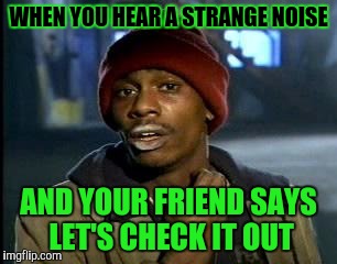 Y'all Got Any More Of That Meme | WHEN YOU HEAR A STRANGE NOISE; AND YOUR FRIEND SAYS LET'S CHECK IT OUT | image tagged in memes,yall got any more of | made w/ Imgflip meme maker