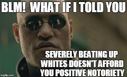 How can you play the "VICTIM" card with a straight face?? | BLM!  WHAT IF I TOLD YOU; SEVERELY BEATING UP WHITES DOESN'T AFFORD YOU POSITIVE NOTORIETY | image tagged in memes,matrix morpheus | made w/ Imgflip meme maker