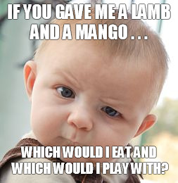 Skeptical Baby | IF YOU GAVE ME A LAMB AND A MANGO . . . WHICH WOULD I EAT AND WHICH WOULD I PLAY WITH? | image tagged in memes,skeptical baby | made w/ Imgflip meme maker