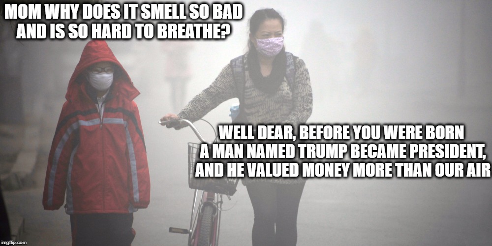 The End is Nigh | MOM WHY DOES IT SMELL SO BAD AND IS SO HARD TO BREATHE? WELL DEAR, BEFORE YOU WERE BORN A MAN NAMED TRUMP BECAME PRESIDENT, AND HE VALUED MONEY MORE THAN OUR AIR | image tagged in donald trump | made w/ Imgflip meme maker