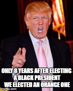 Donald Trump | ONLY 8 YEARS AFTER ELECTING A BLACK PRESIDENT WE ELECTED AN ORANGE ONE | image tagged in donald trump | made w/ Imgflip meme maker