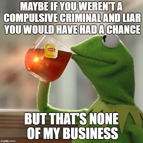 But That's None Of My Business Meme | MAYBE IF YOU WEREN'T A COMPULSIVE CRIMINAL AND LIAR YOU WOULD HAVE HAD A CHANCE BUT THAT'S NONE OF MY BUSINESS | image tagged in memes,but thats none of my business,kermit the frog | made w/ Imgflip meme maker