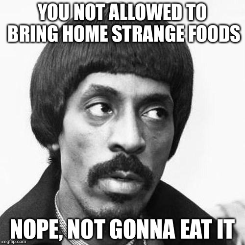 ike turner | YOU NOT ALLOWED TO BRING HOME STRANGE FOODS; NOPE, NOT GONNA EAT IT | image tagged in ike turner | made w/ Imgflip meme maker