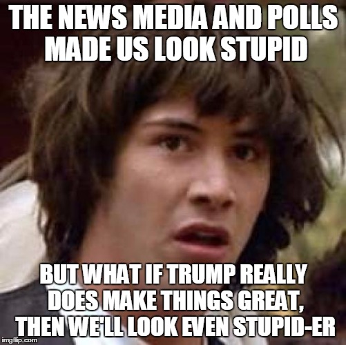 Conspiracy Keanu | THE NEWS MEDIA AND POLLS MADE US LOOK STUPID; BUT WHAT IF TRUMP REALLY DOES MAKE THINGS GREAT, THEN WE'LL LOOK EVEN STUPID-ER | image tagged in memes,conspiracy keanu | made w/ Imgflip meme maker