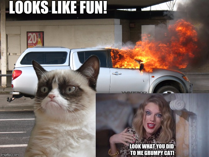 Grumpy Cat Fire Car | LOOKS LIKE FUN! LOOK WHAT YOU DID TO ME GRUMPY CAT! | image tagged in grumpy cat fire car | made w/ Imgflip meme maker