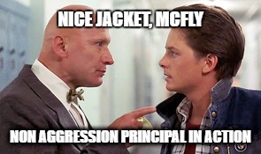 Non Aggression Principal | NICE JACKET, MCFLY; NON AGGRESSION PRINCIPAL IN ACTION | image tagged in nap,libertarian,back to the future,mcfly,memes,funny | made w/ Imgflip meme maker