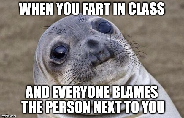 Awkward Moment Sealion | WHEN YOU FART IN CLASS; AND EVERYONE BLAMES THE PERSON NEXT TO YOU | image tagged in memes,awkward moment sealion | made w/ Imgflip meme maker