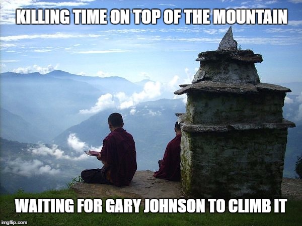 Waiting for Gary Johnson | KILLING TIME ON TOP OF THE MOUNTAIN; WAITING FOR GARY JOHNSON TO CLIMB IT | image tagged in monks,mountain,gary johnson,zen,funny,memes | made w/ Imgflip meme maker