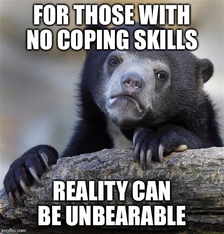 Confession Bear Meme | FOR THOSE WITH NO COPING SKILLS REALITY CAN BE UNBEARABLE | image tagged in memes,confession bear | made w/ Imgflip meme maker