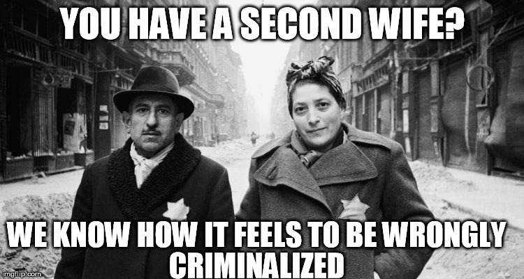 Jewish couple wrongly criminalized | YOU HAVE A SECOND WIFE? WE KNOW HOW IT FEELS TO BE WRONGLY; CRIMINALIZED | image tagged in jewish,star,fascism,criminalized | made w/ Imgflip meme maker