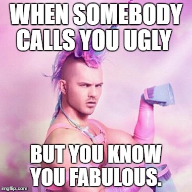 Unicorn MAN | WHEN SOMEBODY CALLS YOU UGLY; BUT YOU KNOW YOU FABULOUS. | image tagged in memes,unicorn man | made w/ Imgflip meme maker