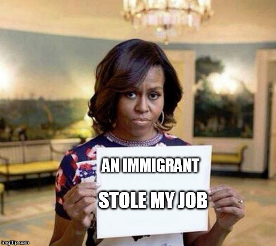 Michelle Obama blank sheet | AN IMMIGRANT; STOLE MY JOB | image tagged in michelle obama blank sheet | made w/ Imgflip meme maker