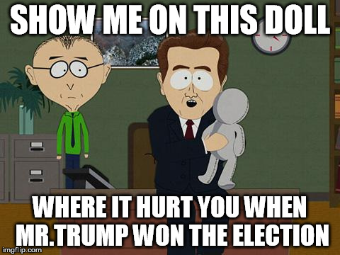 I can't believe I haven't seen this yet | SHOW ME ON THIS DOLL; WHERE IT HURT YOU WHEN MR.TRUMP WON THE ELECTION | image tagged in show me on this doll,election 2016,donald trump,hillary clinton | made w/ Imgflip meme maker