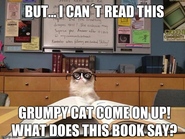 Grumpy Cat In Class | BUT... I CAN´T READ THIS; GRUMPY CAT COME ON UP! WHAT DOES THIS BOOK SAY? | image tagged in grumpy cat studying | made w/ Imgflip meme maker