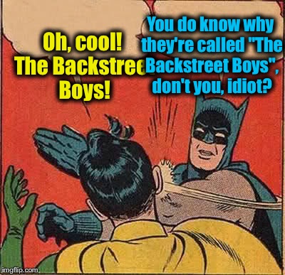 Batman Slapping Robin Meme | Oh, cool! The Backstreet Boys! You do know why they're called "The Backstreet Boys", don't you, idiot? | image tagged in memes,batman slapping robin | made w/ Imgflip meme maker