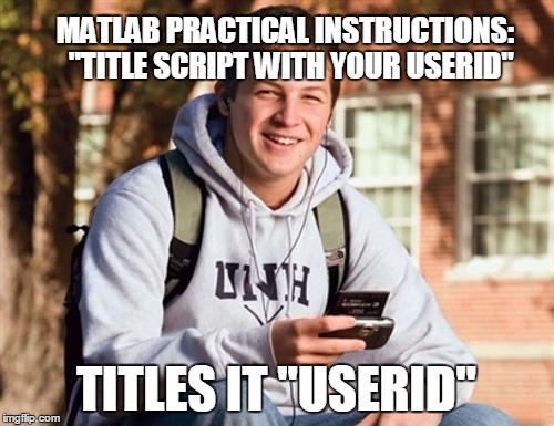 College Freshman Meme | MATLAB PRACTICAL INSTRUCTIONS:
 "TITLE SCRIPT WITH YOUR USERID"; TITLES IT "USERID" | image tagged in memes,college freshman | made w/ Imgflip meme maker