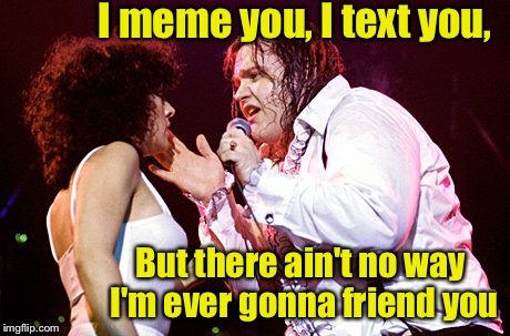 Meme Loaf Live! | I meme you, I text you, But there ain't no way I'm ever gonna friend you | image tagged in memes,meat loaf,2 out of 3 ain't bad,text,friend,meme | made w/ Imgflip meme maker