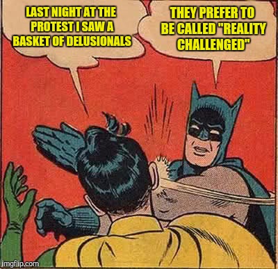 I'll have one delusional basket and a chocolate shake | LAST NIGHT AT THE PROTEST I SAW A BASKET OF DELUSIONALS; THEY PREFER TO BE CALLED "REALITY CHALLENGED" | image tagged in memes,batman slapping robin,basket of delusionals,reality challenged | made w/ Imgflip meme maker