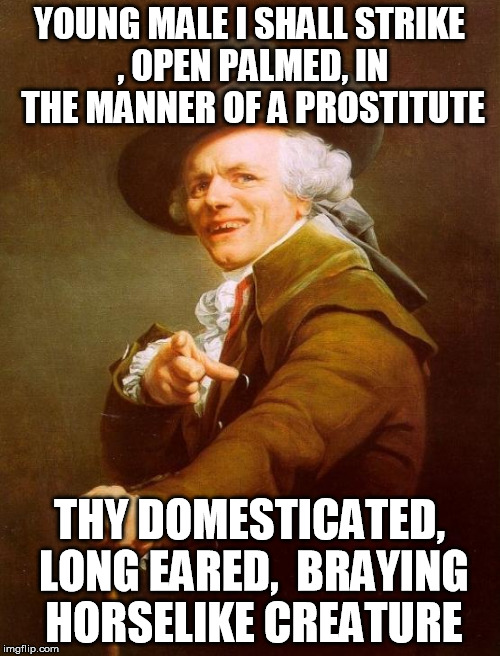 YOUNG MALE I SHALL STRIKE , OPEN PALMED, IN THE MANNER OF A PROSTITUTE THY DOMESTICATED, LONG EARED,  BRAYING HORSELIKE CREATURE | made w/ Imgflip meme maker