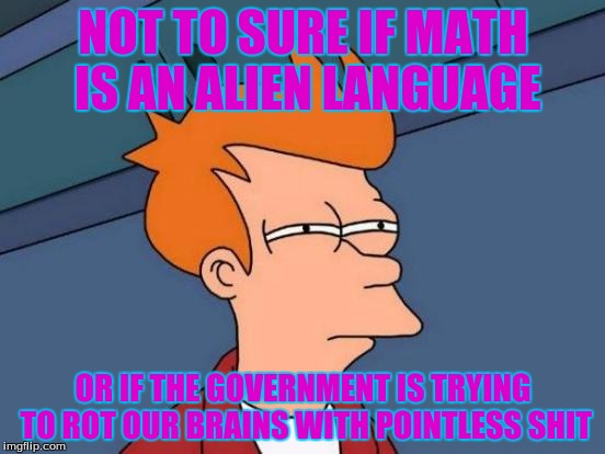 Futurama Fry Meme | NOT TO SURE IF MATH IS AN ALIEN LANGUAGE; OR IF THE GOVERNMENT IS TRYING TO ROT OUR BRAINS WITH POINTLESS SHIT | image tagged in memes,futurama fry | made w/ Imgflip meme maker