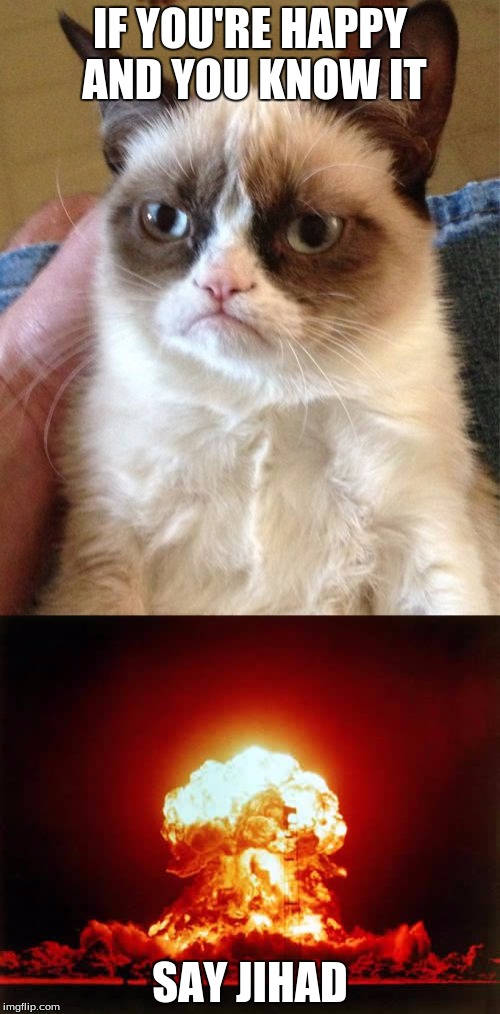 I'm still not happy. | IF YOU'RE HAPPY AND YOU KNOW IT; SAY JIHAD | image tagged in memes,grumpy cat | made w/ Imgflip meme maker