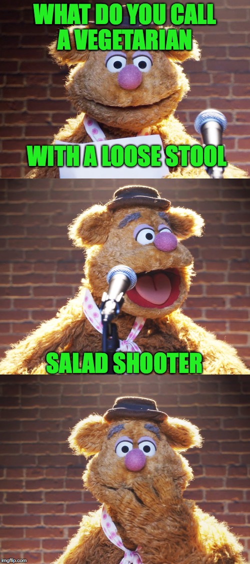 Fozzie Jokes | WHAT DO YOU CALL A VEGETARIAN; WITH A LOOSE STOOL; SALAD SHOOTER | image tagged in fozzie jokes | made w/ Imgflip meme maker